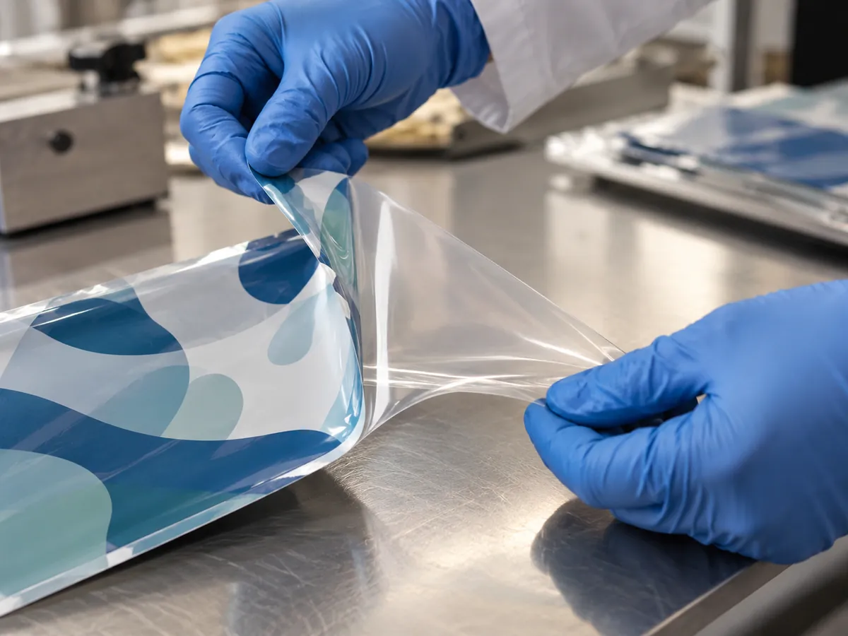 Laminate sample peeled apart to show a printed outer film and a clear sealant film