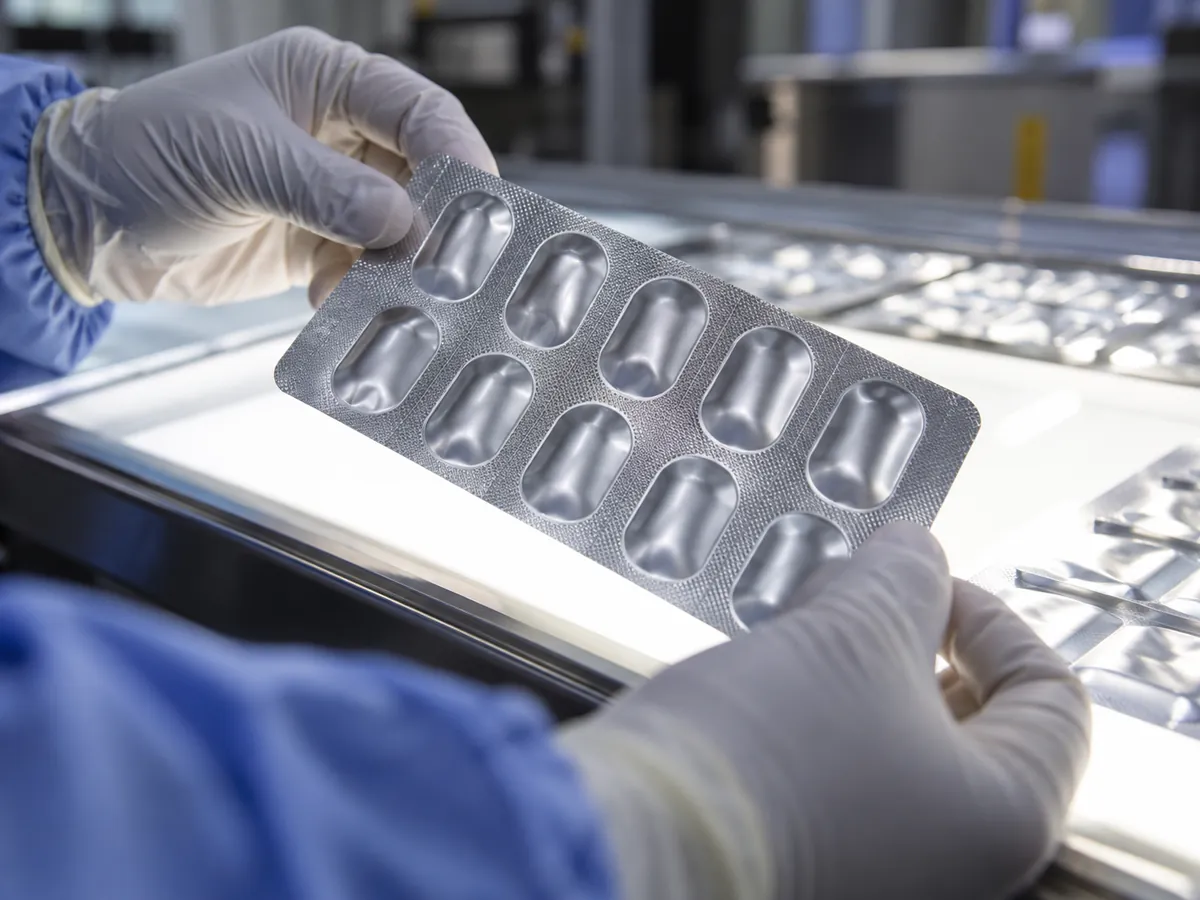 Gloved fingers inspecting formed foil cavities over a light table