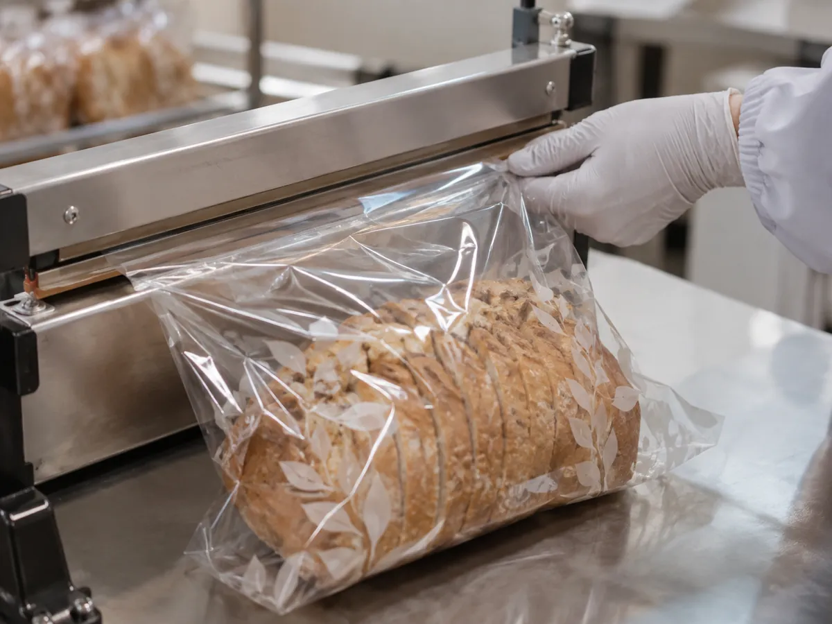 Gloved hand holding a clear polypropylene bag with a fresh heat seal after sealing.