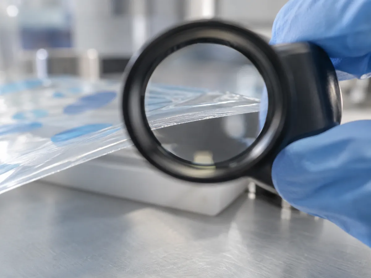 Cut edge of a multilayer barrier film examined on a laboratory bench.