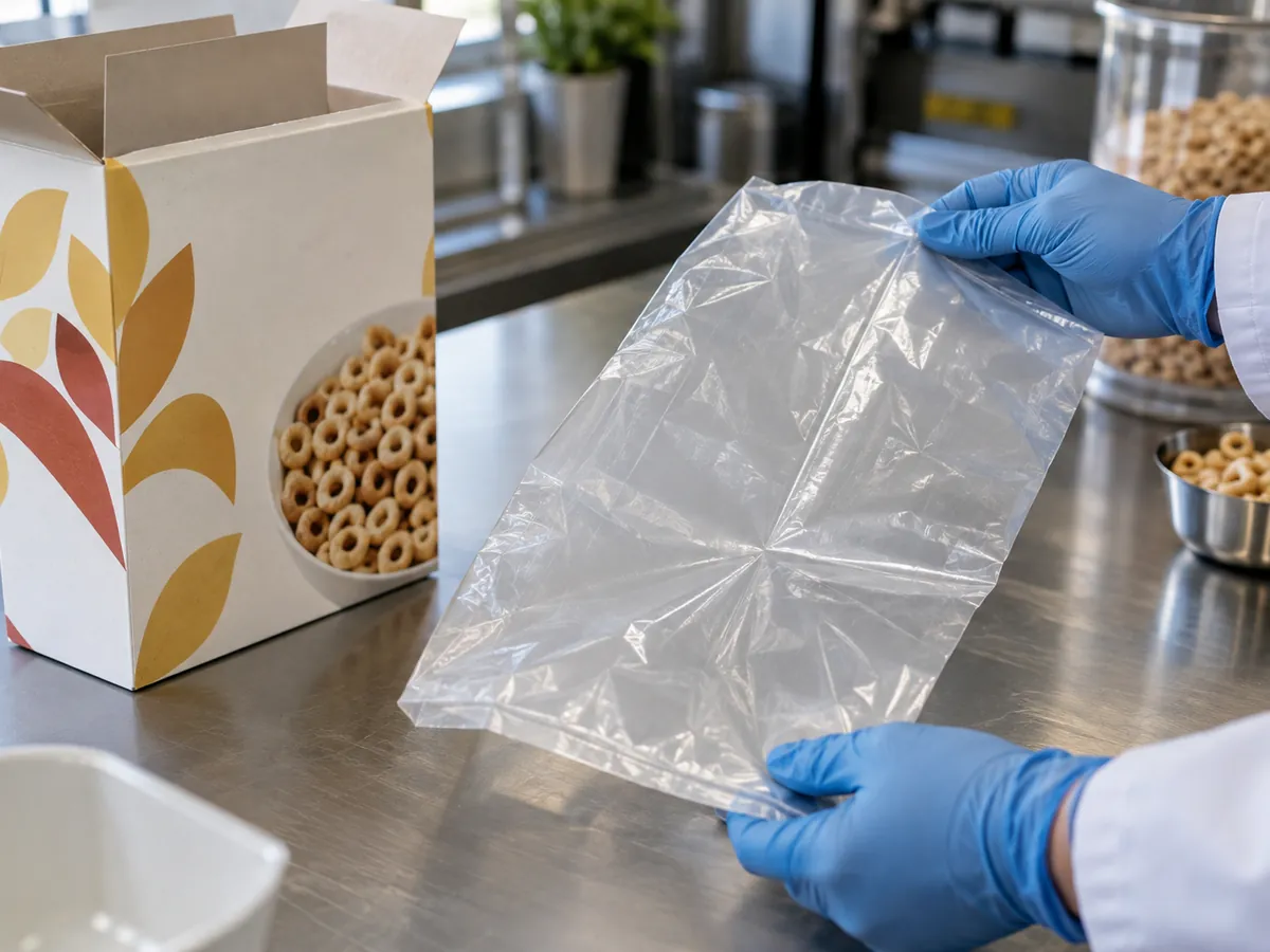Translucent liner bag from a cereal carton showing a sharp fold