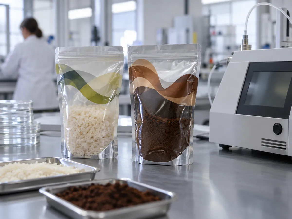 Clear high-barrier pouches next to a gas analyzer