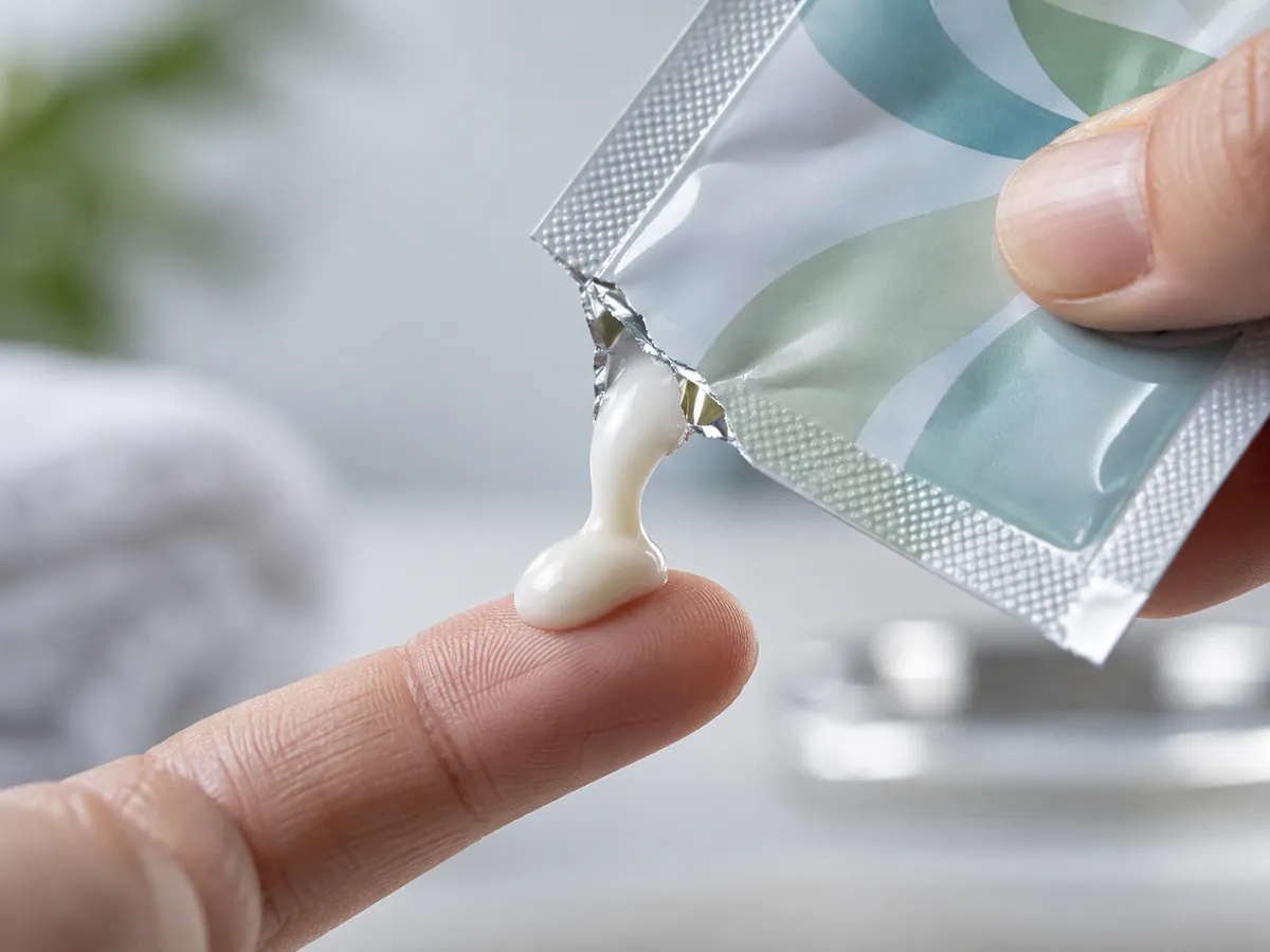 Illustration of cream being dispensed from a generic personal-care sachet