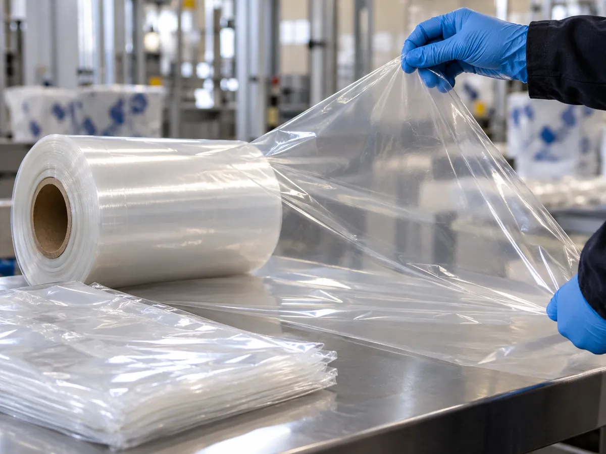 Gloved hand holding clear LDPE film unrolled from a roll