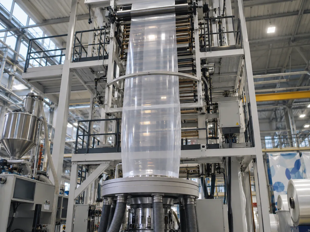 Blown film bubble rising from a die in a polyethylene film extrusion tower