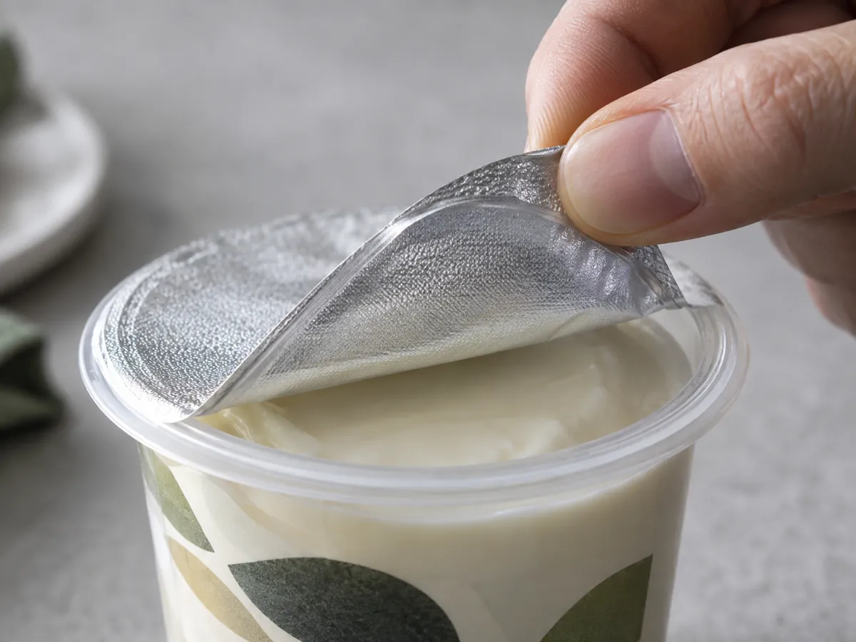 Hand peeling a foil lid from a cup rim showing the seal ring