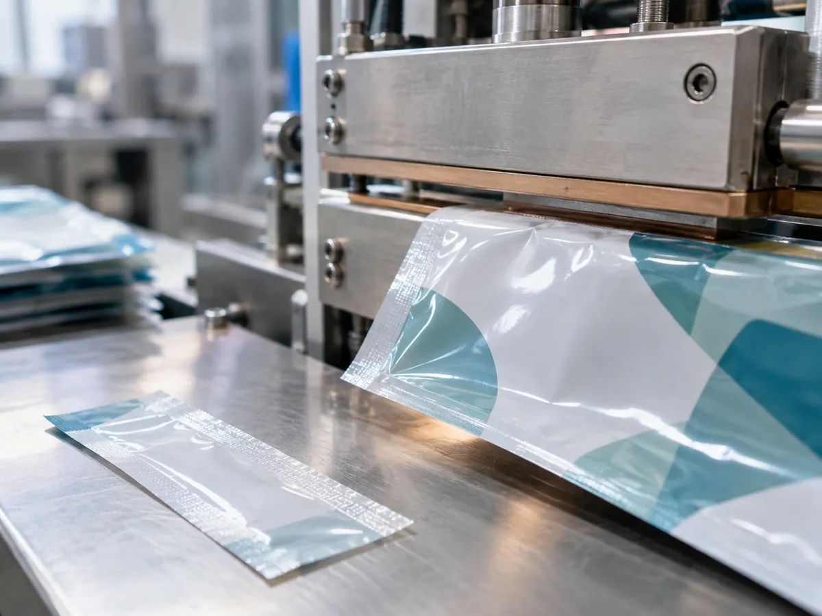 Heat sealing jaws closing a seam on laminated film beside a seal test strip
