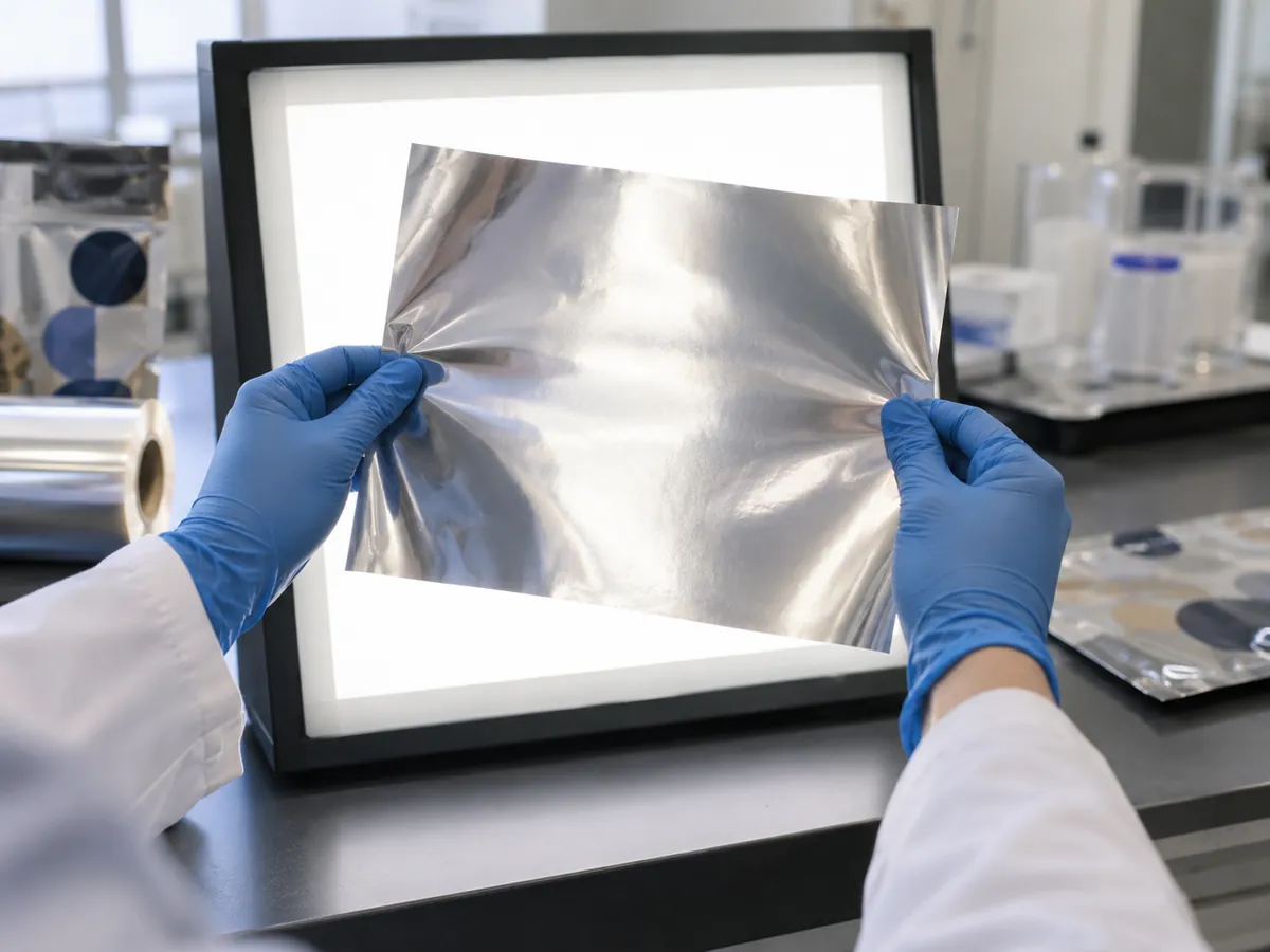 Gloved hands holding metallized film against a light box in a lab.