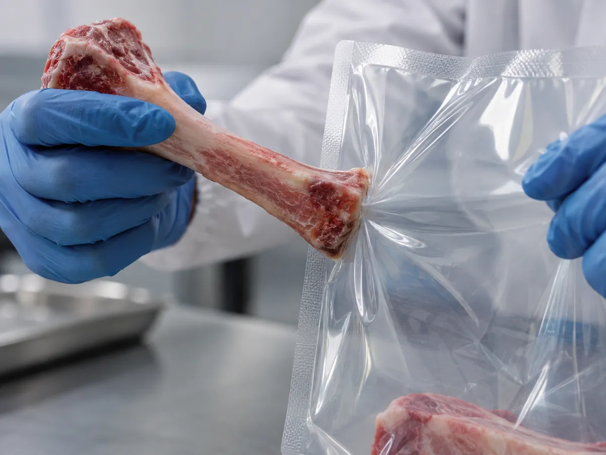 Gloved hand testing a transparent multilayer pouch against a sharp edge.