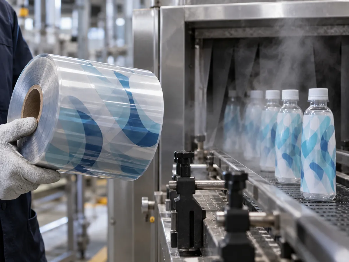 Gloved hand holding sleeve film roll beside a steam shrink tunnel