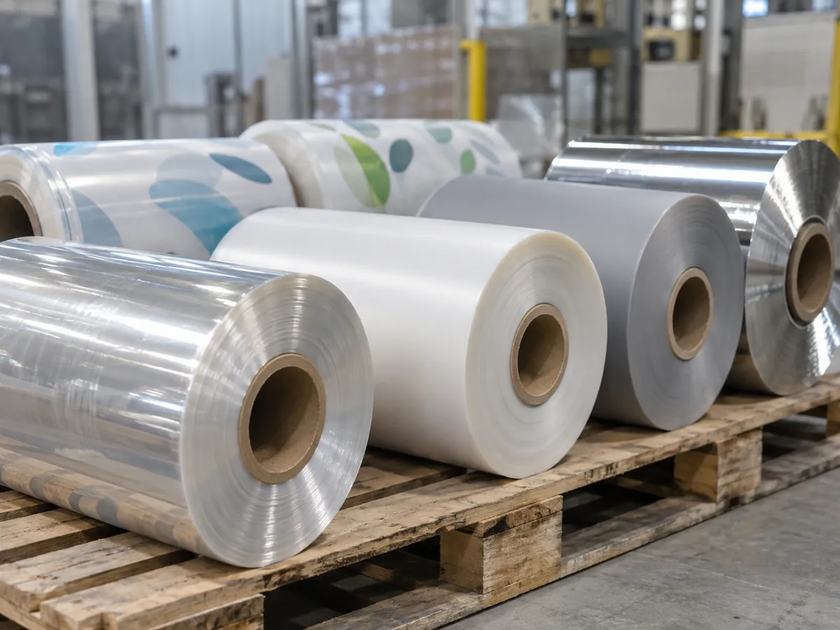 Rolls of clear, white, matte and metallized films on a pallet