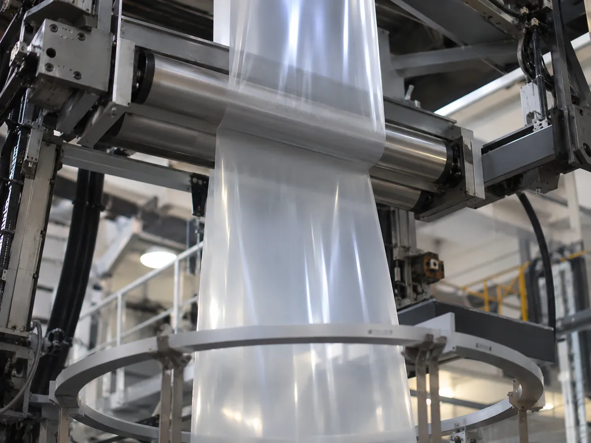 Nip rollers collapsing a polyethylene film bubble at the top of a blown film tower