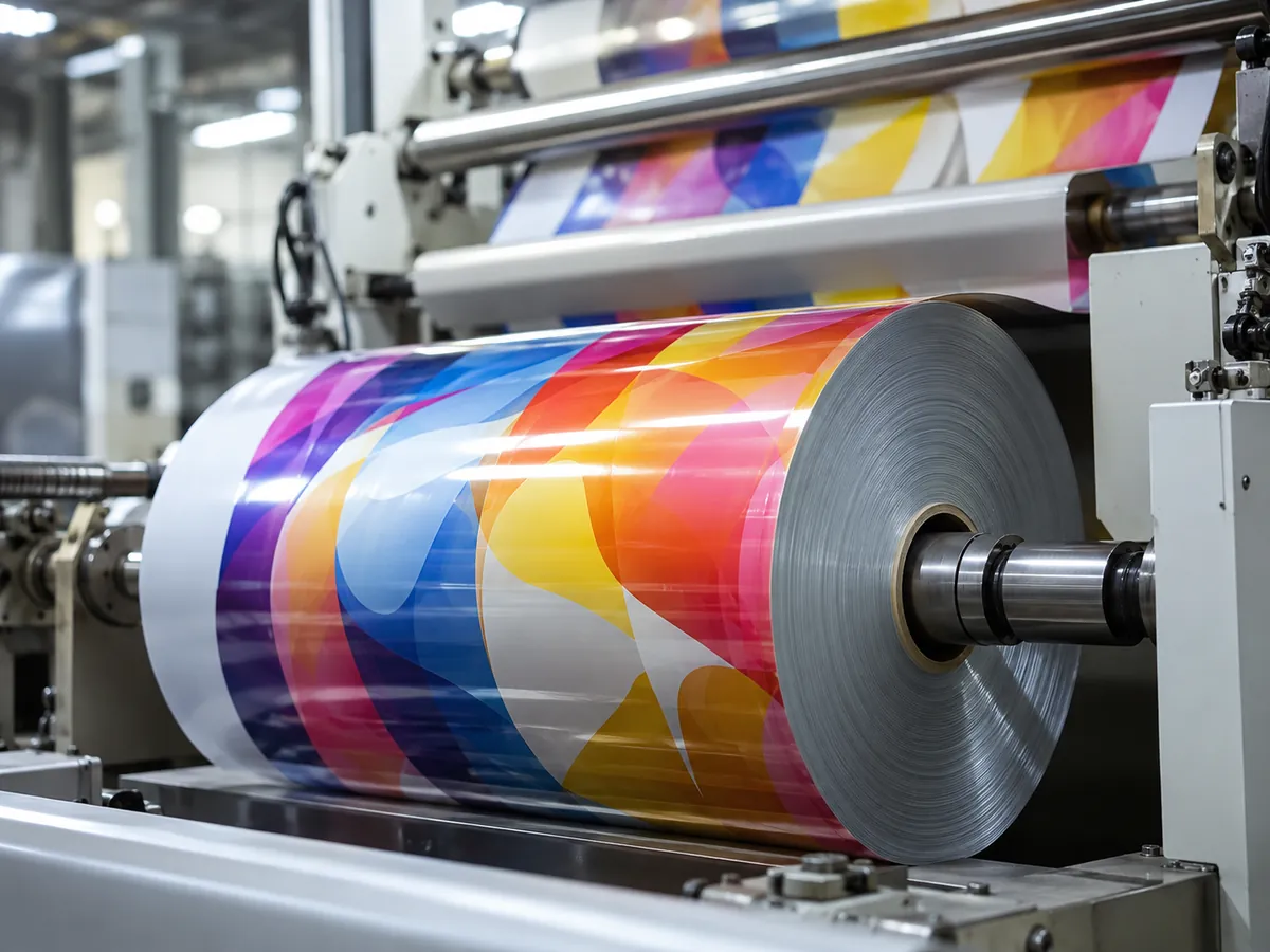 Printed PET film being wound onto a roll after printing