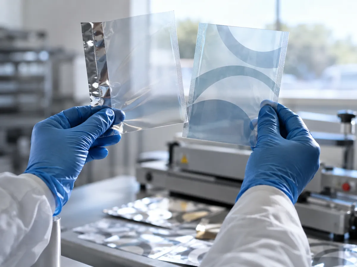 Close-up of two clear films, one with a metallized edge, being compared under light