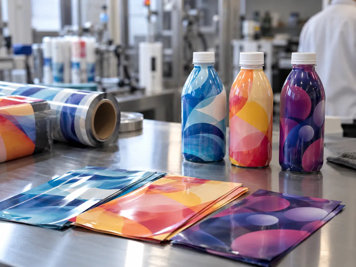 Flat printed shrink sleeves next to bottles with shrunk sleeves