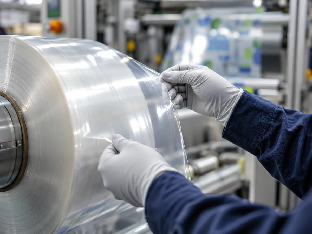 Operator inspecting the edge of a roll of clear shrink sleeve film