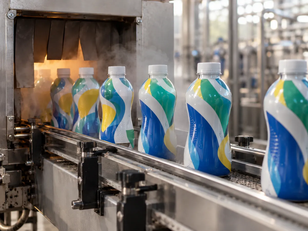 Printed shrink sleeves on contoured bottles leaving a steam tunnel