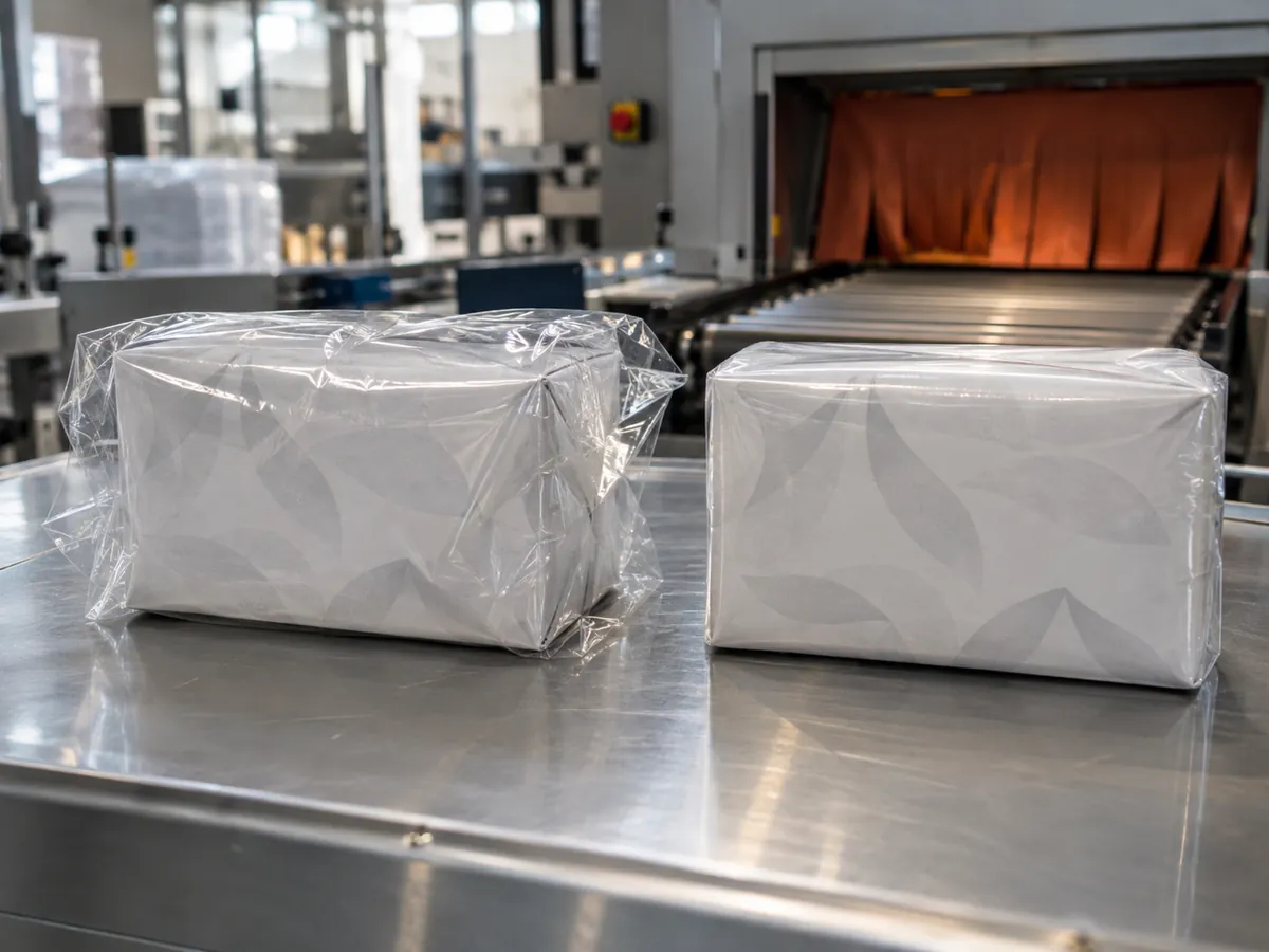 Product wrapped in shrink film before and after the shrink tunnel