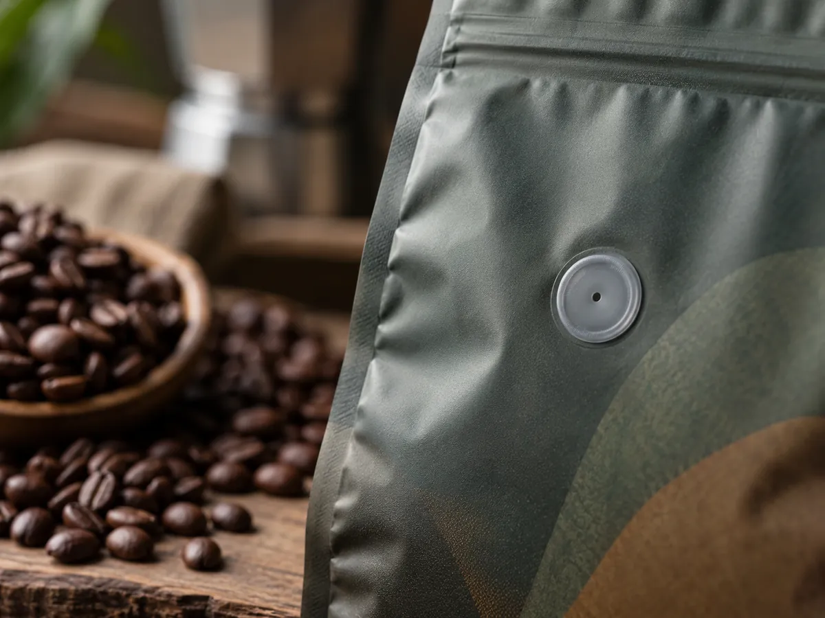 Illustration of a generic coffee pouch with a circular degassing valve