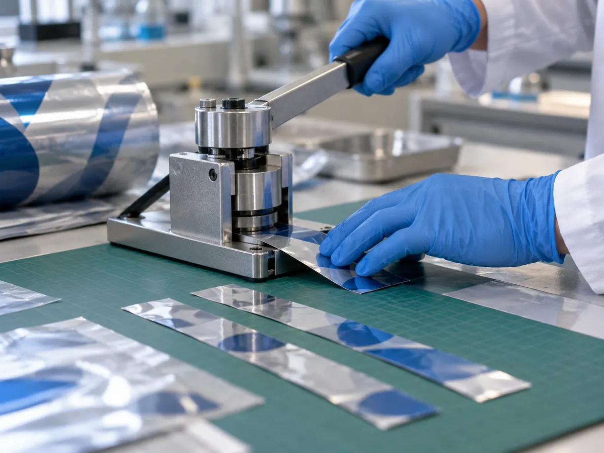 Cutting packaging film into test strips in a laboratory