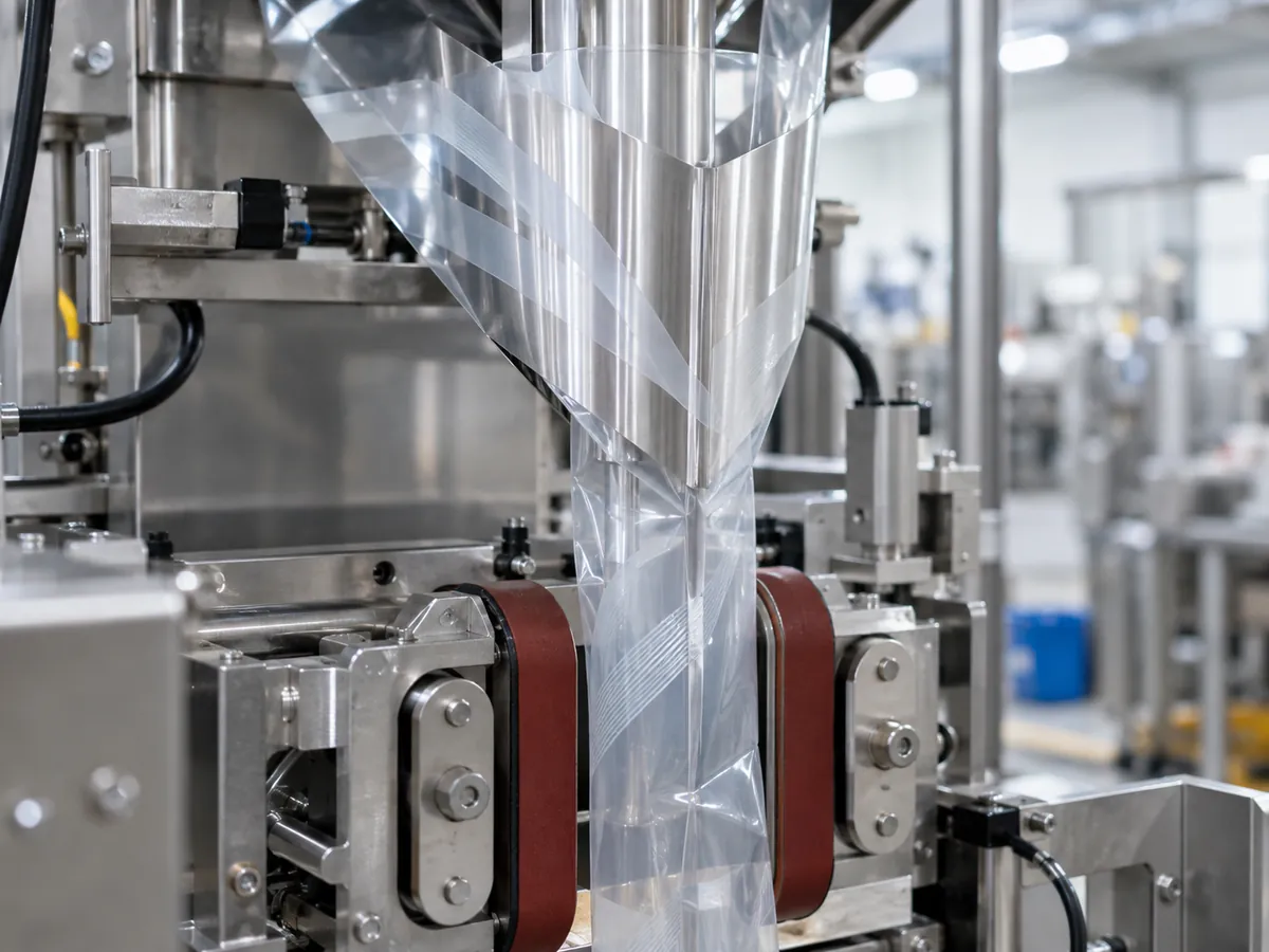 Film passing over a polished steel forming collar on a vertical machine