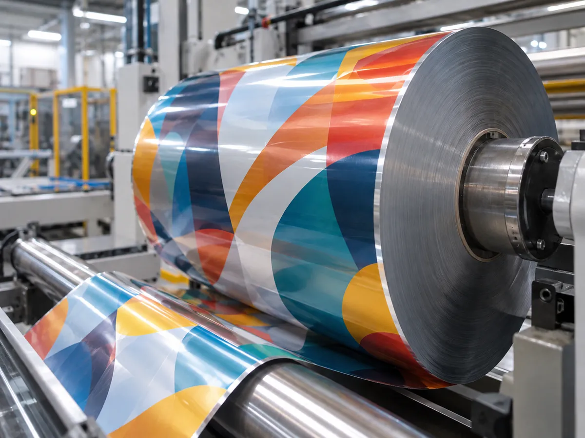 Wide roll of printed laminate film on a winding machine