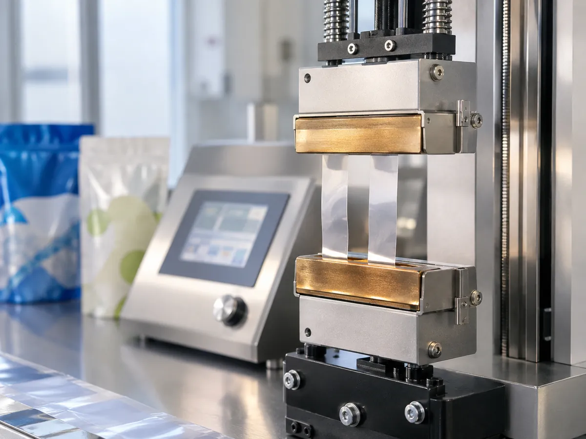 Laboratory hot tack tester with film strips between heated bars