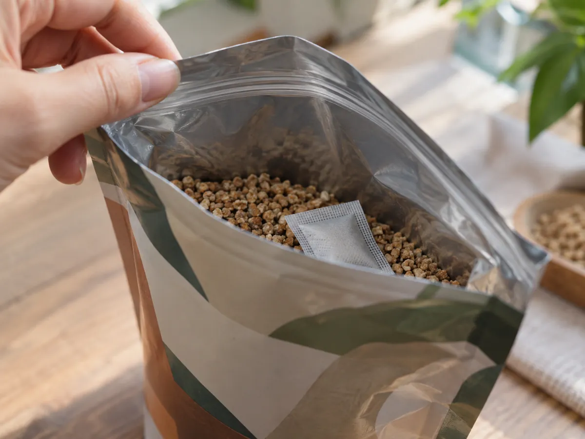 Zipper pouch of dry granules with a desiccant packet inside