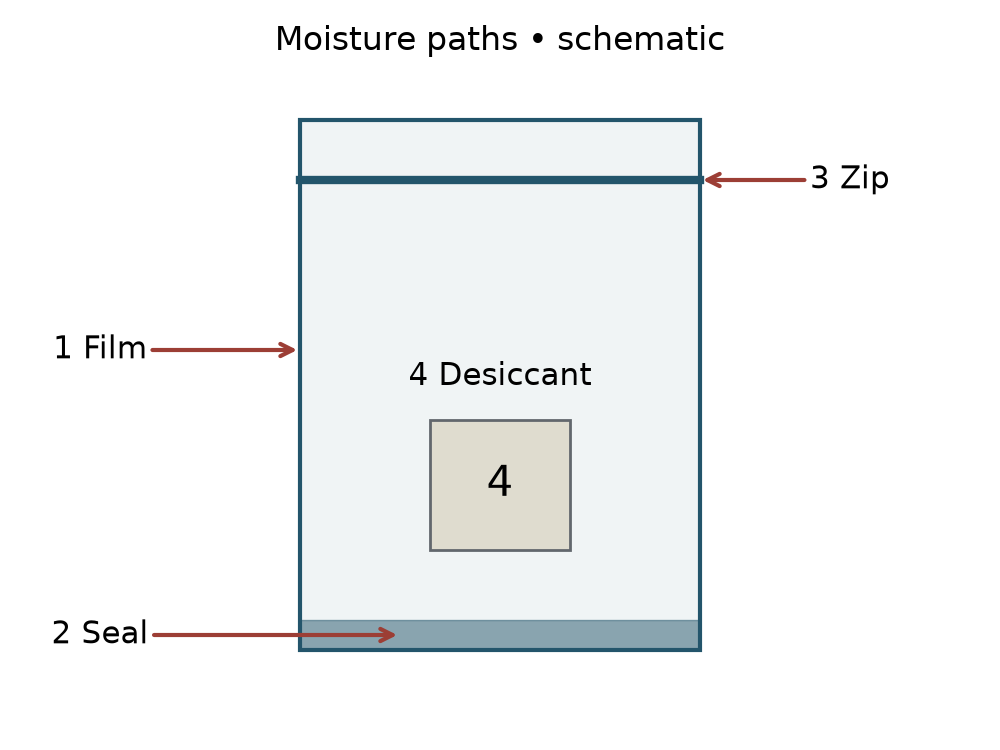 Schematic pouch showing film, seal and zipper moisture paths, and an internal desiccant