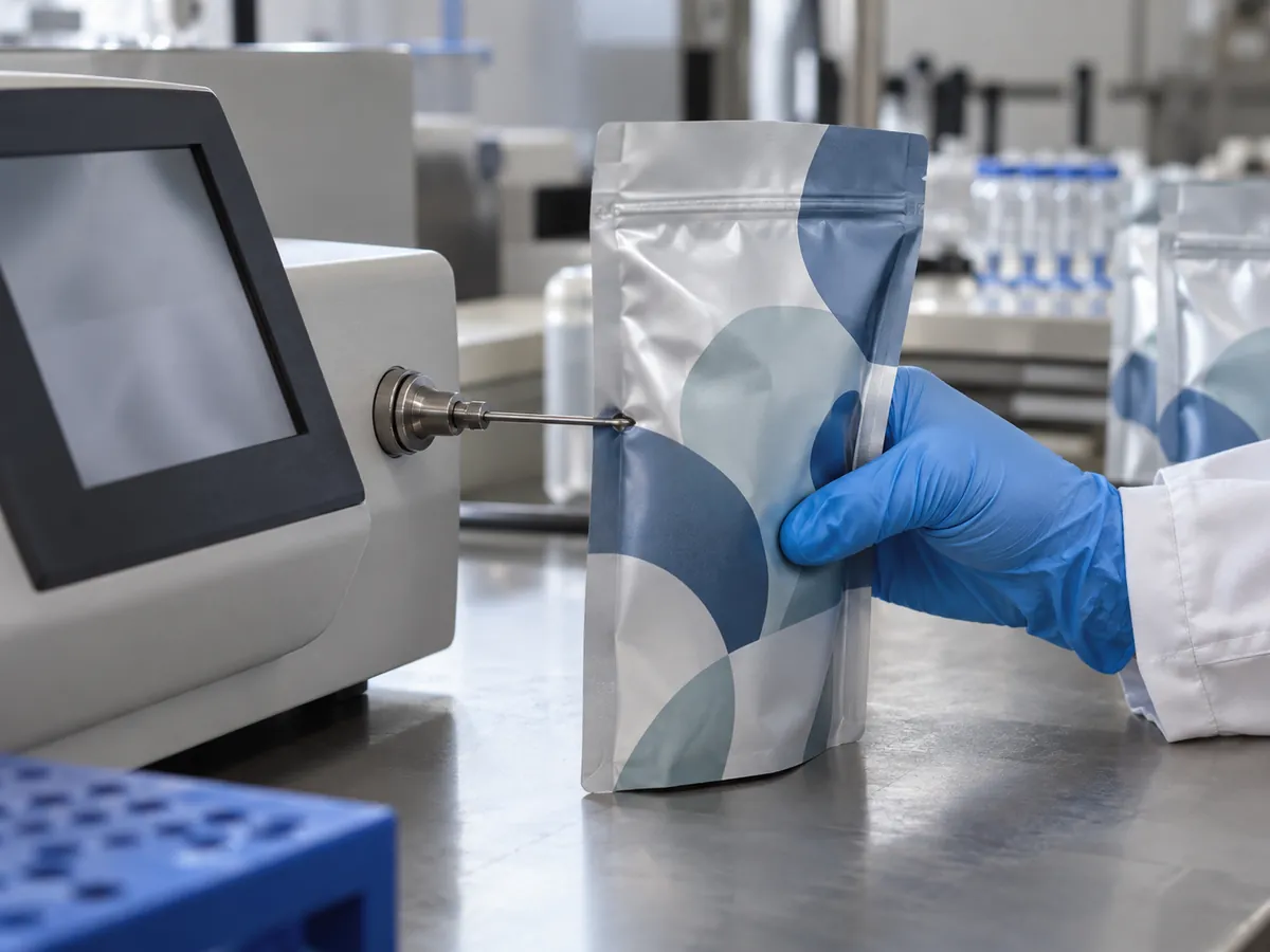 Gloved hand sampling headspace gas from a sealed pouch with an analyzer