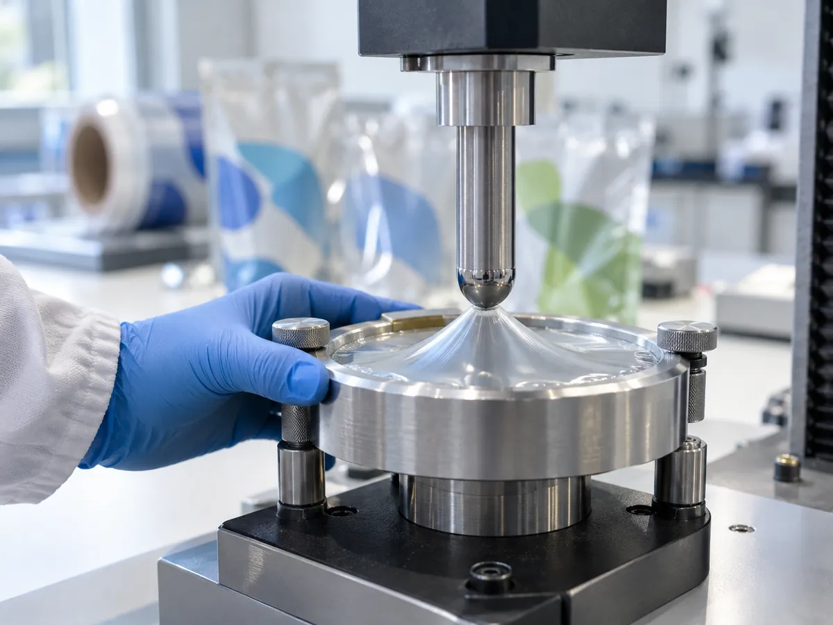Probe pushing into clamped plastic film in a puncture tester