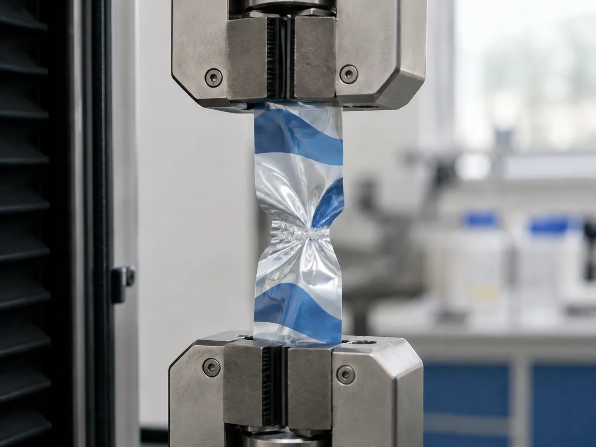 Tensile tester pulling apart a sealed film strip