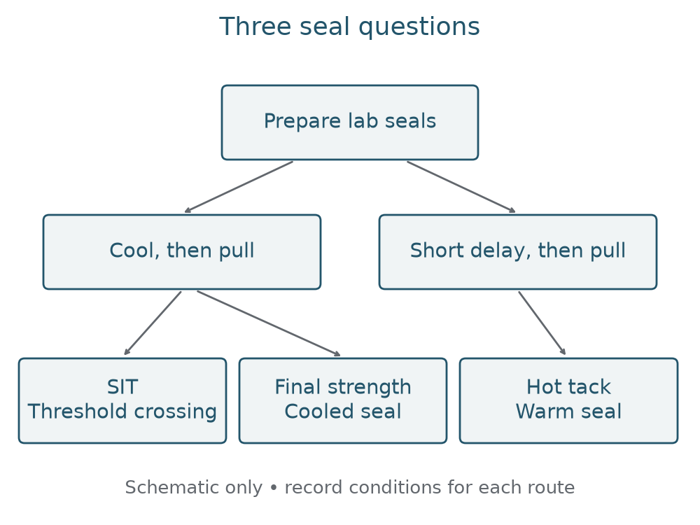 Diagram separating cooled seal tests for SIT and final strength from delayed warm-seal hot tack testing