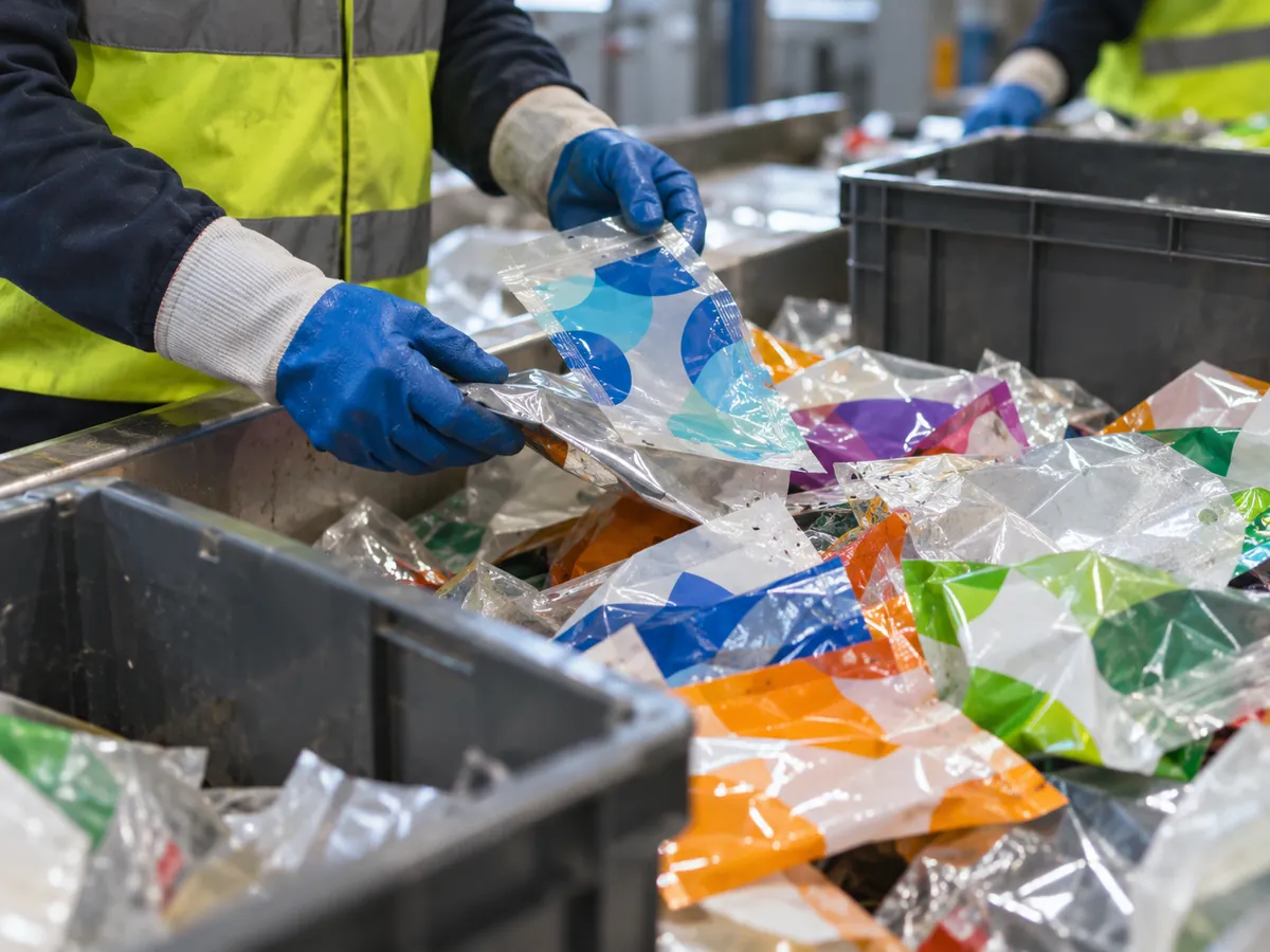 Gloved hands sorting used flexible pouches and films into crates at a sorting table