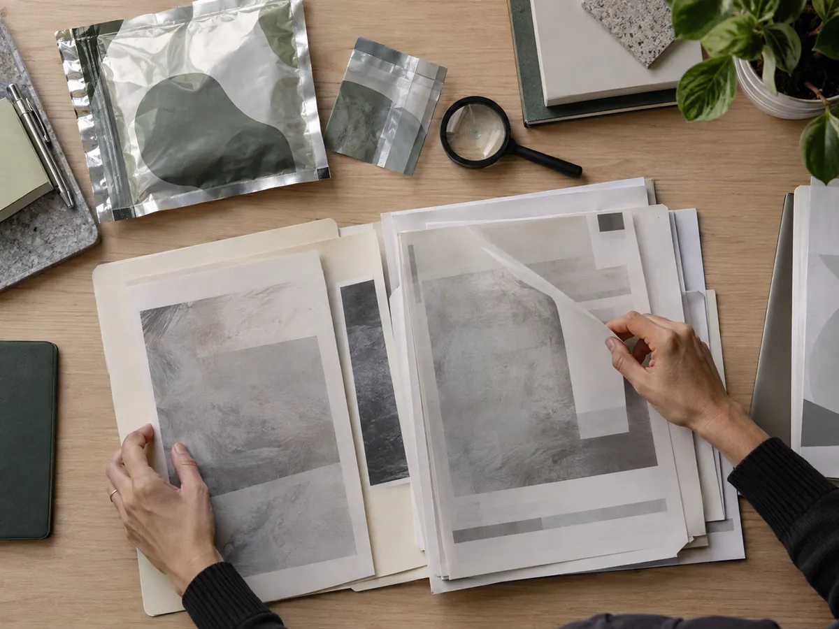 Hands reviewing compliance documents next to a laminate film sample