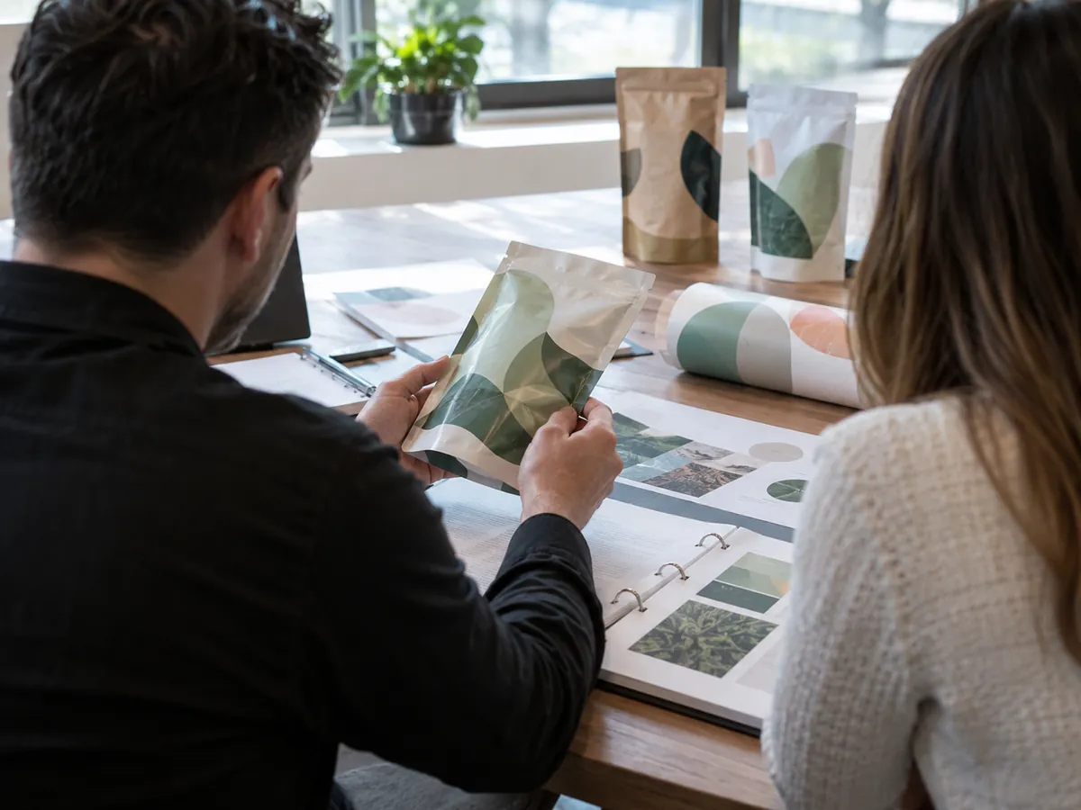 Team reviewing documents and a pouch sample around a table during a compliance review