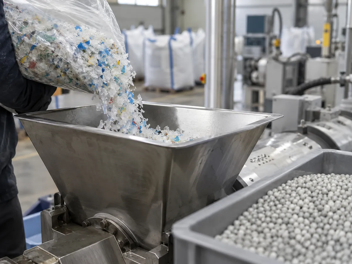 Washed plastic film flakes feeding a recycling extruder beside recycled pellets