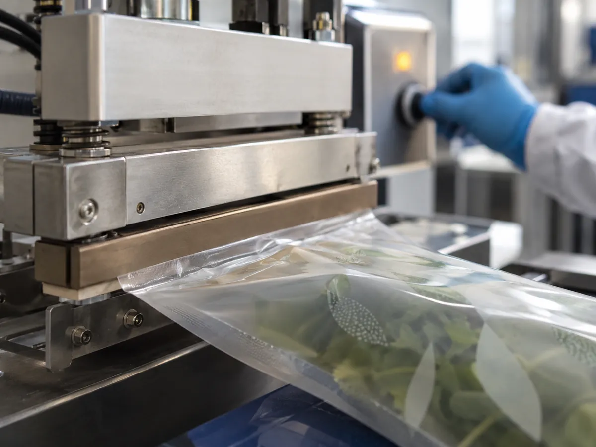 Sealing jaw closing a compostable film pouch on a machine