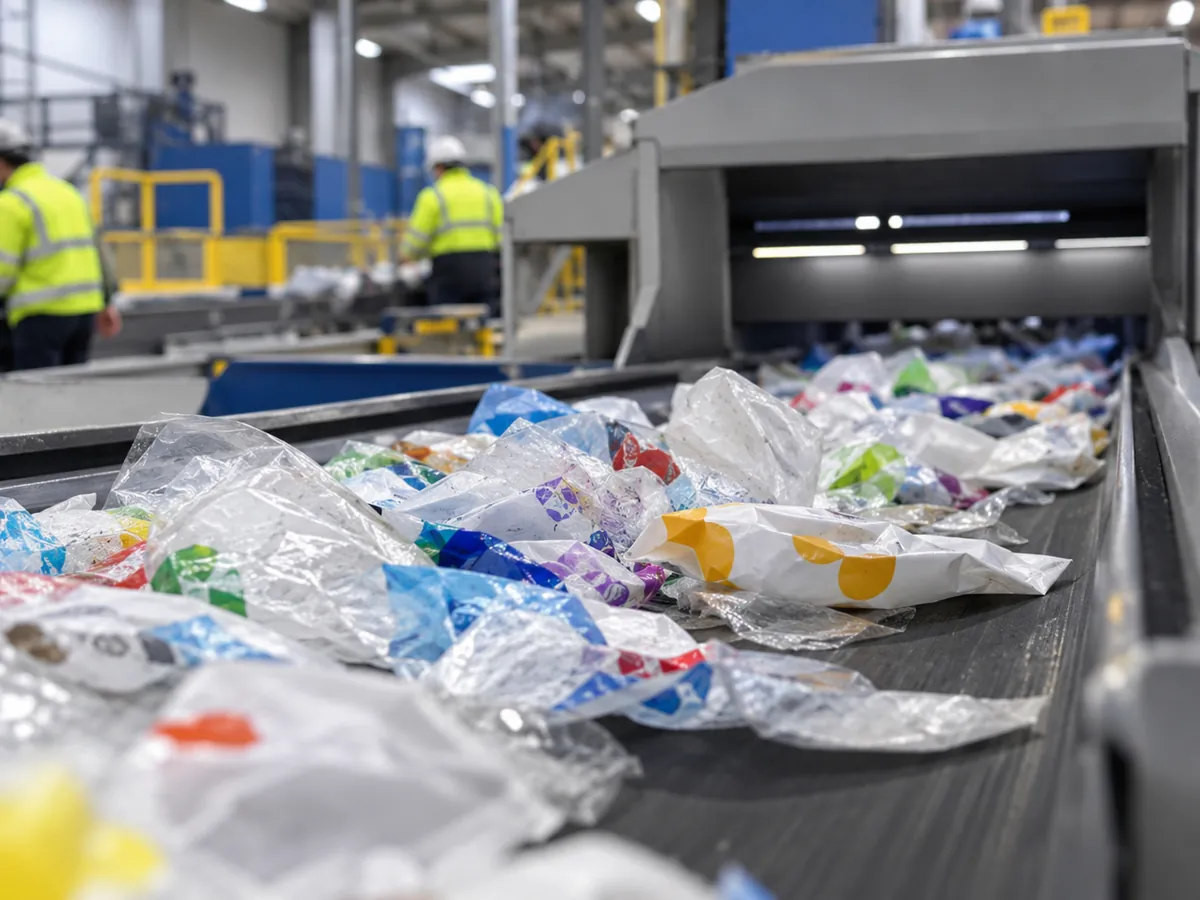 Mixed plastic packaging moving on a sorting conveyor at a recovery facility