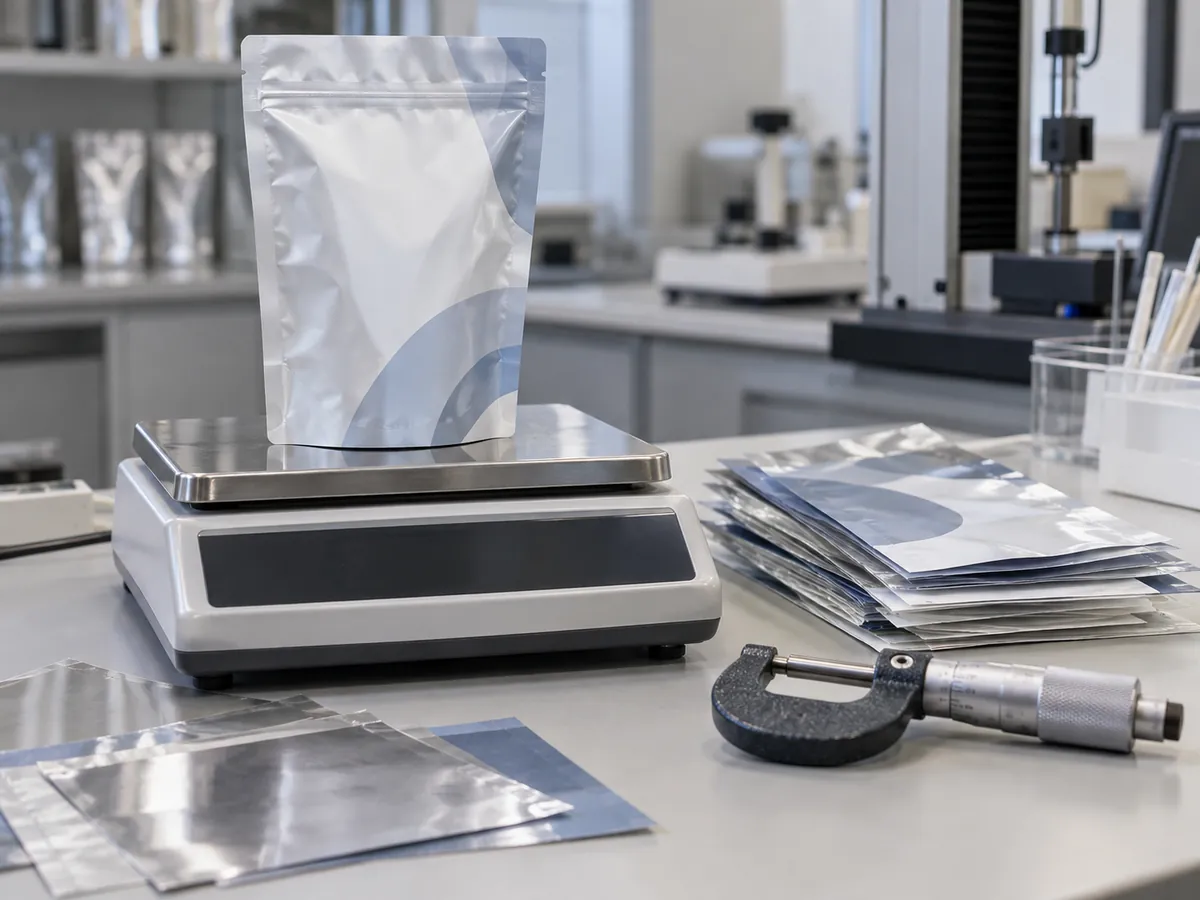 Empty pouch being weighed on a lab scale next to film samples