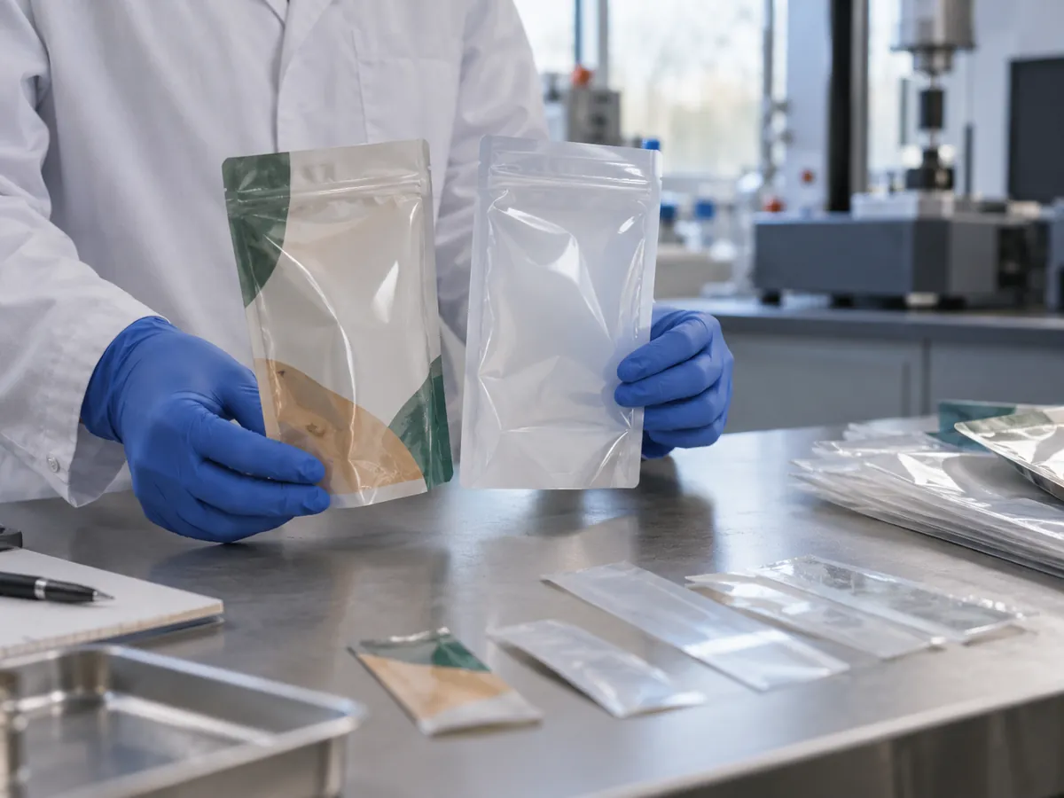 Comparing a laminated pouch with a mono-PE pouch on a lab bench