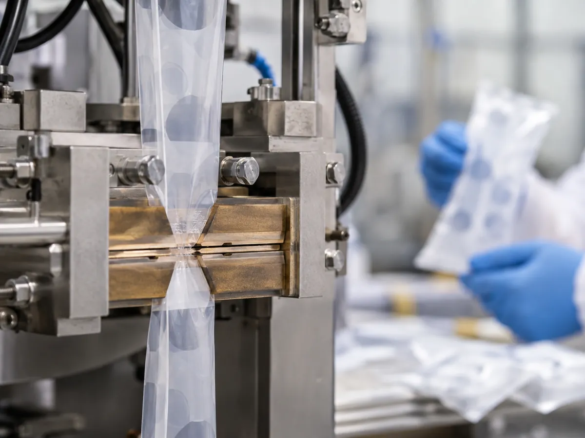 Sealing jaws closing on translucent polyethylene film on a VFFS machine