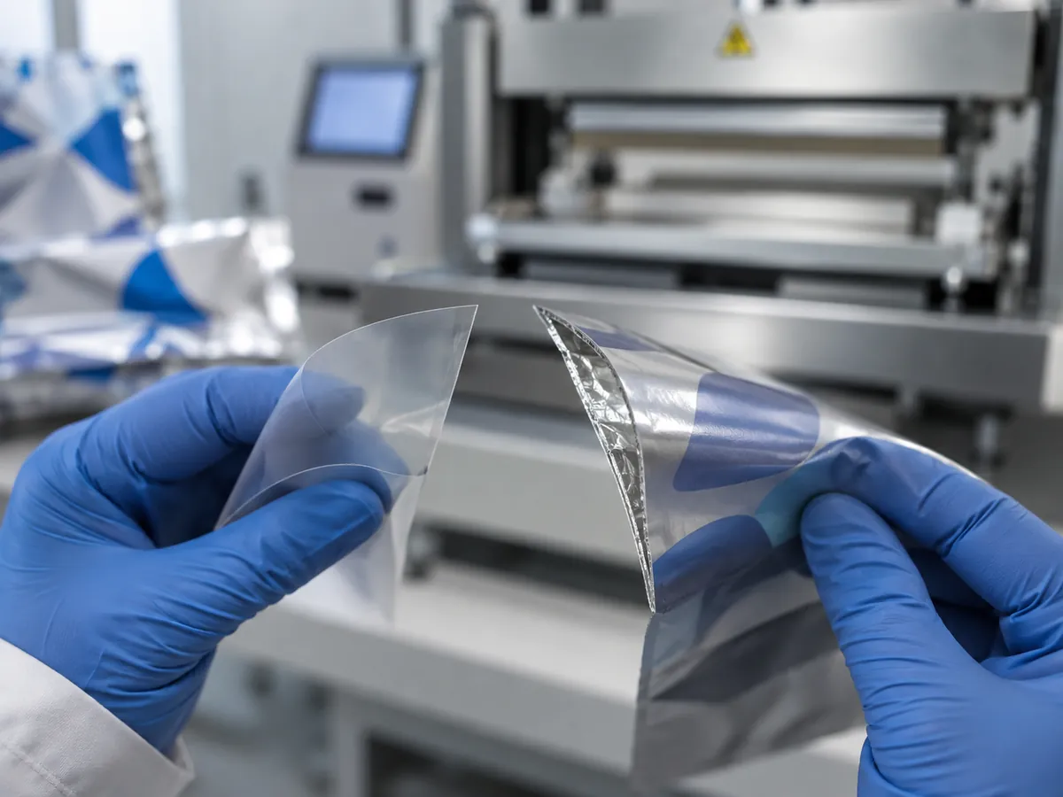 Gloved hands comparing two film samples on a workbench