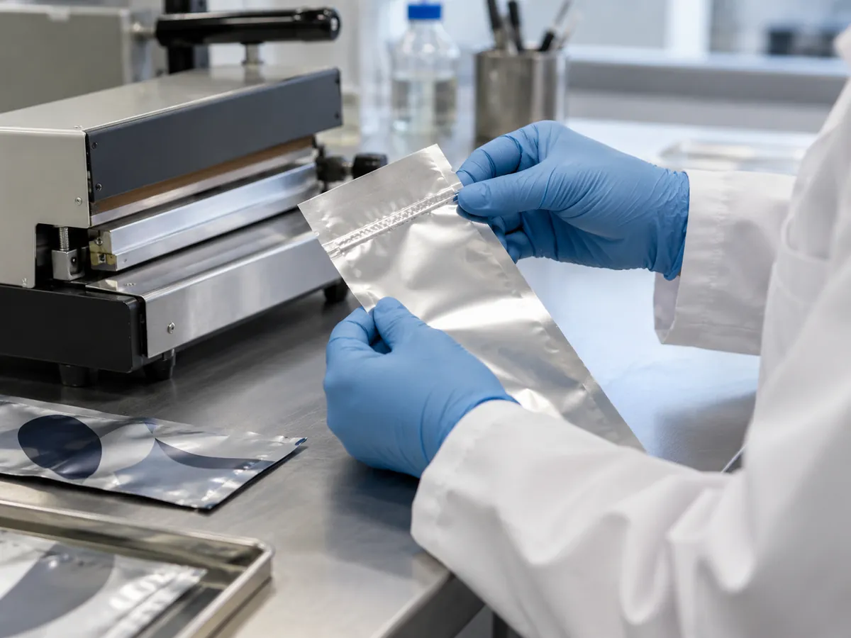 Gloved hands inspecting a heat seal on metallized polypropylene film