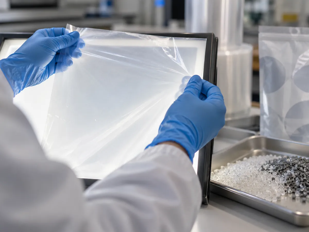 Gloved hands holding recycled-content film up to a light to check for gels