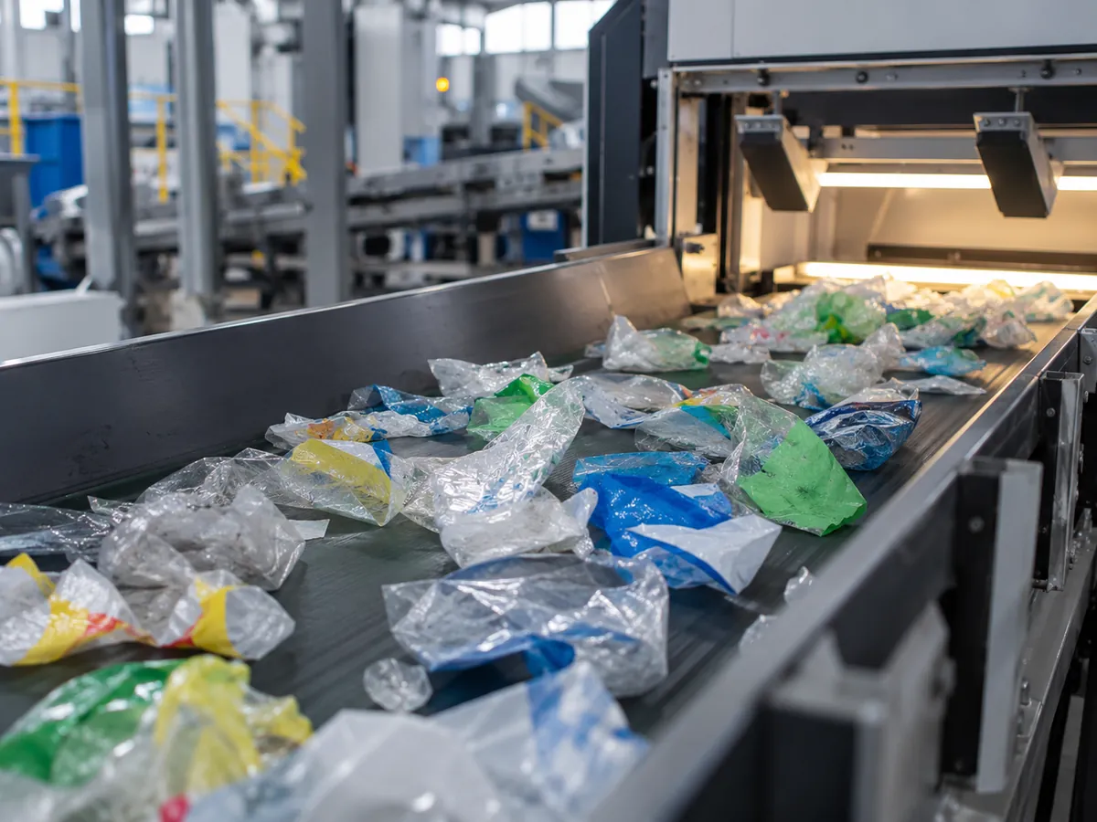 Flexible plastic film on a recycling conveyor with optical sorters