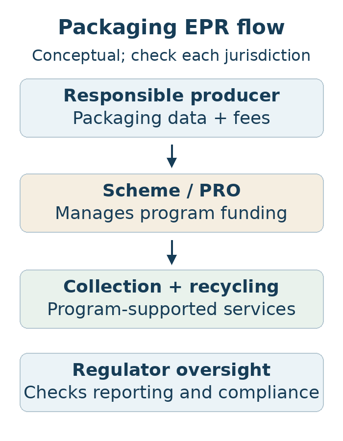 Producer reports packaging and pays fees to the scheme; the scheme funds collection and recycling; regulator oversees records